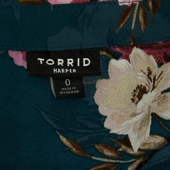 Torrid Harper Teal Floral Long Sleeve Tie Back Blouse Sz OX 1X XXL - Picture 9 of 12